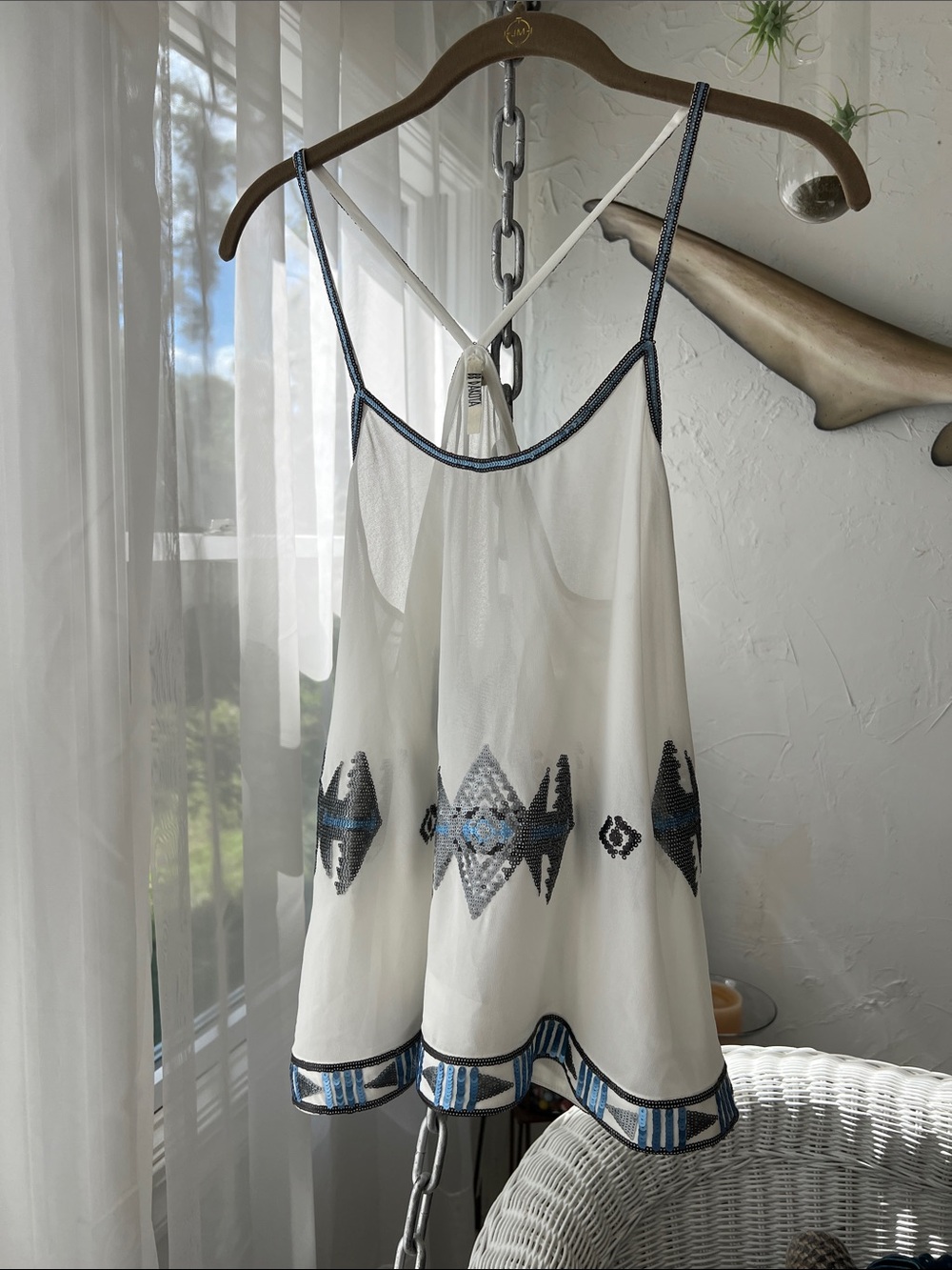 BB Dakota White Cami with Blue and Black Geometric sequins